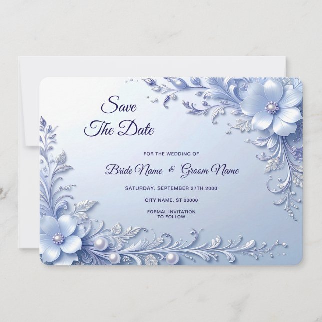 Save The Date Fleurs Ornées Bleues avec Perles Enregistrez la Da (Devant)