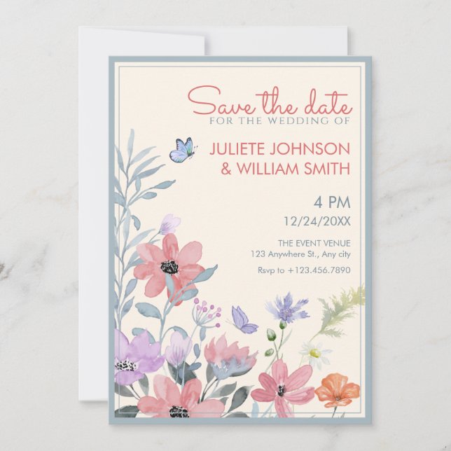 Save The Date Fleurs papillon mariage pastel aquarelle (Devant)