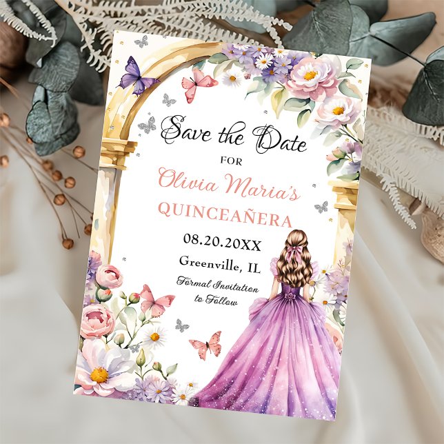 Save The Date Fleurs Papillons Lilac Princesse Quinceañera (Créateur téléchargé)