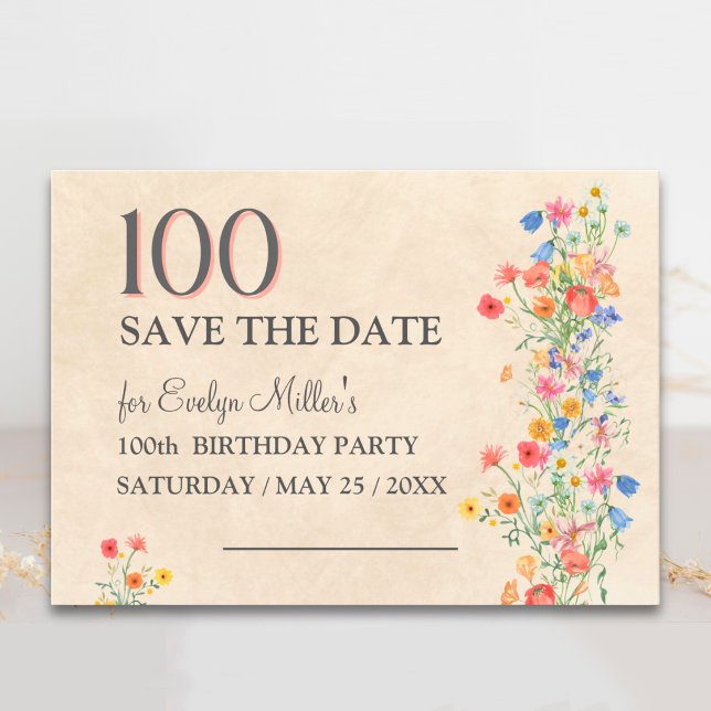 Save The Date Fleurs pour 100e anniversaire – Élégantes fleurs s (Créateur téléchargé)