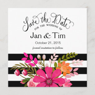 Save The Date Fleurs rayées blanches noires Sauvez la date fuchs