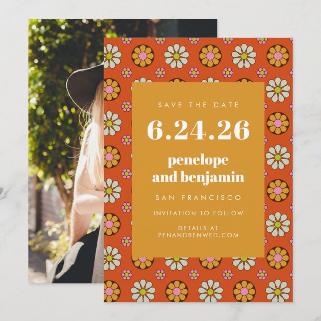 Save The Date Fleurs Rétro Années 70 Image Orange Clair Mariage (Devant / Derrière)