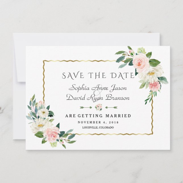 Save The Date Fleurs Rose Blush Cadre Doré Mariage Bleu Nuit (Devant)