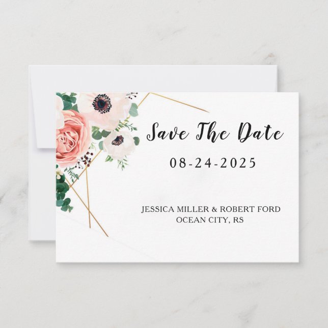 Save The Date Fleurs Rose Corail Mariage (Devant)