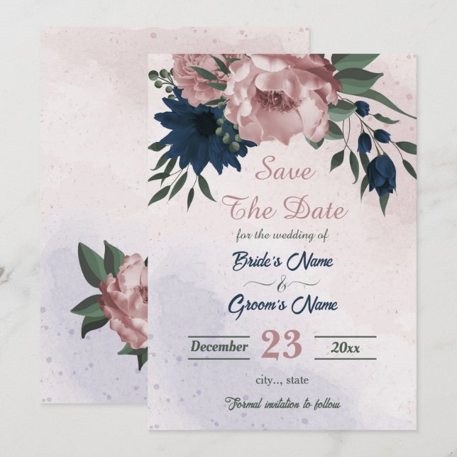 Save The Date fleurs rose et marine botanique (Devant / Derrière)
