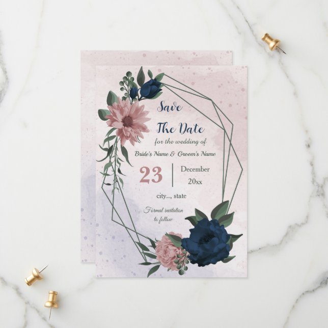 Save The Date fleurs rose et marine botanique (Devant/Arrière en situation)