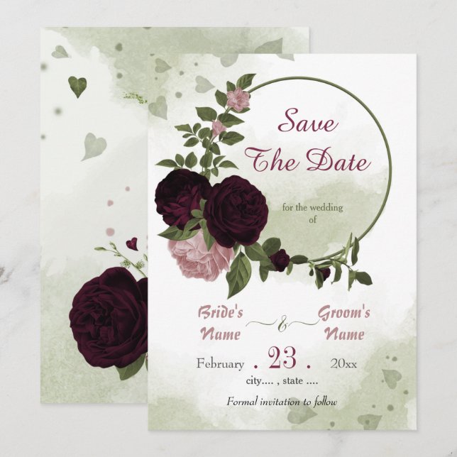 Save The Date fleurs rose prune vert feuille couronne botanique (Devant / Derrière)