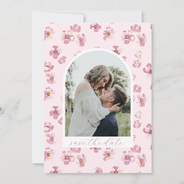 Save The Date Fleurs Rose Rouge Script Romantique Photo Arch (Devant)