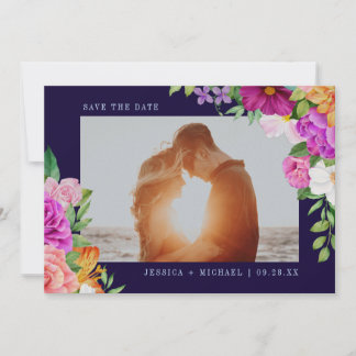 Save The Date Fleurs rose violet Mariage botanique bleu foncé