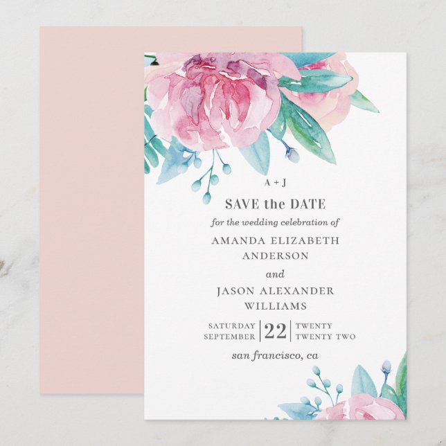 Save The Date Fleurs roses aquarelle. Mariage floral rose poudré (Devant / Derrière)