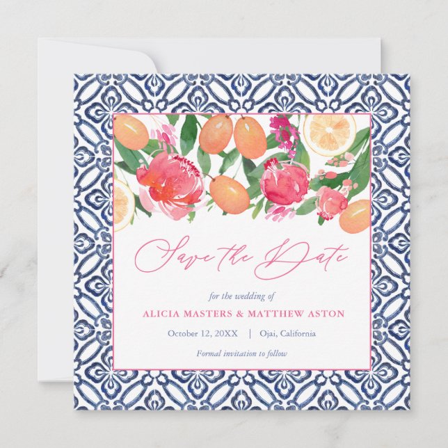 Save The Date Fleurs roses audacieuses avec des agrumes et des c (Devant)