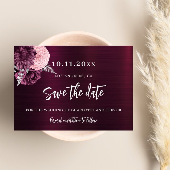 Save The Date Fleurs roses bordeaux de mariage élégantes (Créateur téléchargé)