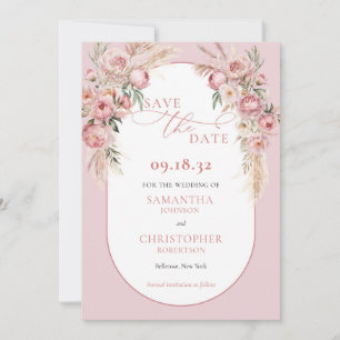 Save The Date Fleurs roses délicates boho arch pampas eucalyptus
