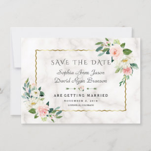 Save The Date Fleurs Roses Élégantes Cadre Doré Mariage Marbre