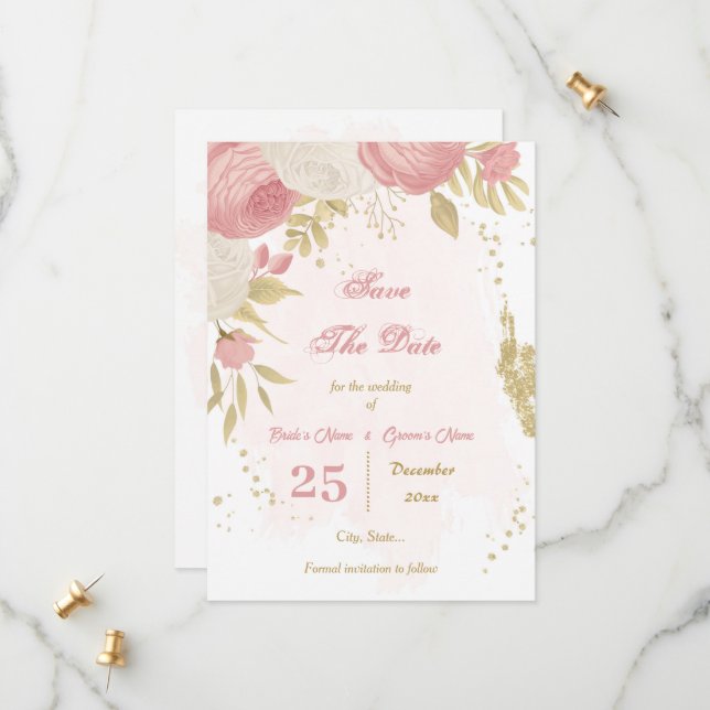 Save The Date fleurs roses et blanches or botanique (Devant/Arrière en situation)