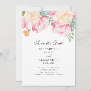 Save The Date Fleurs roses et pêche à l'aquarelle. Mariage flora