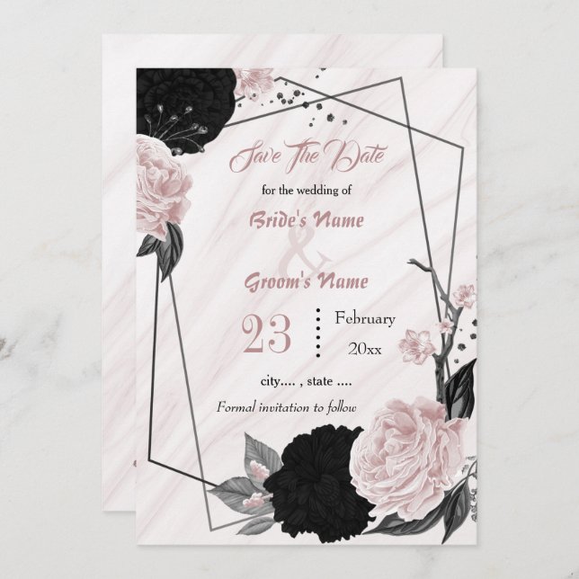 Save The Date fleurs roses noires gris feuille botanique géométr (Devant / Derrière)