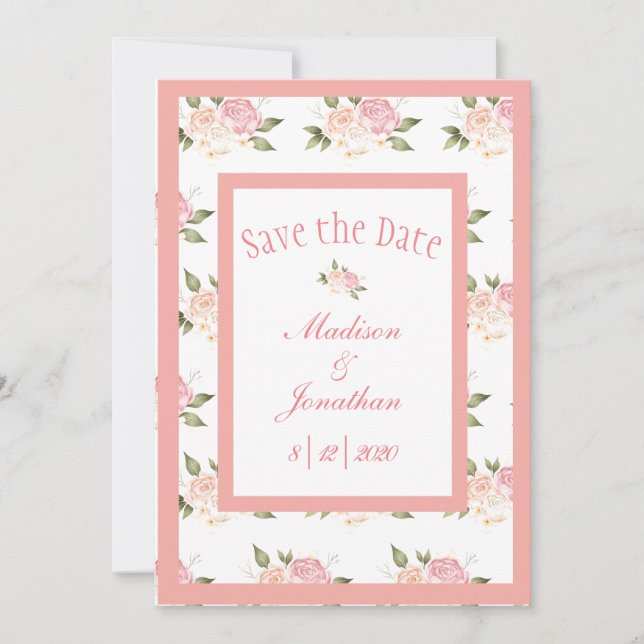 Save The Date Fleurs roses romantiques Mariage de script (Devant)