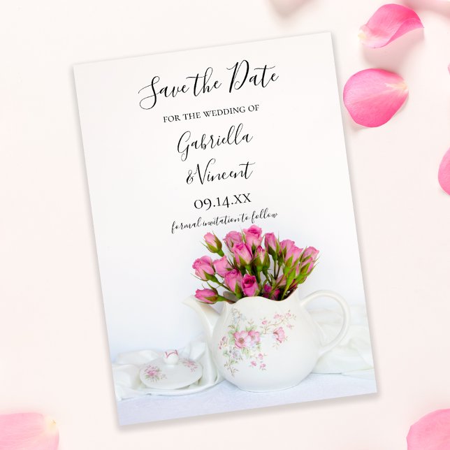 Save The Date Fleurs roses roses dans Mariage de théière Enregis (Créateur téléchargé)
