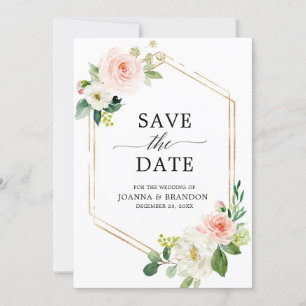 Save The Date Fleurs roses saumon Cadre géométrique moderne doré