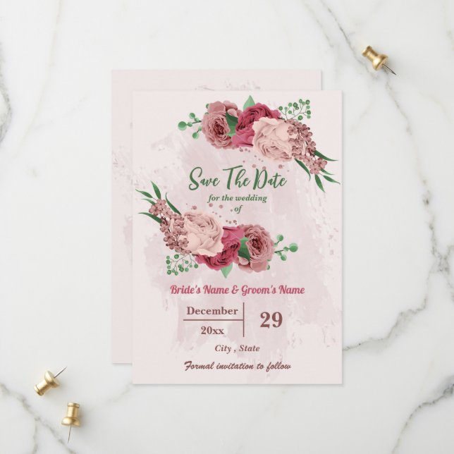 Save The Date fleurs roses vert feuille botanique (Devant/Arrière en situation)