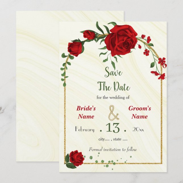 Save The Date fleurs rouges feuilles vertes cadre doré (Devant / Derrière)