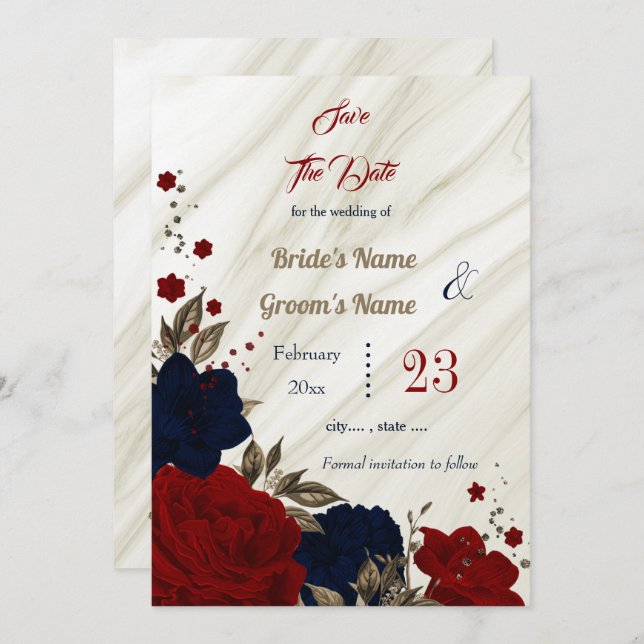 Save The Date fleurs rouges marine bronze feuille boanique (Devant / Derrière)