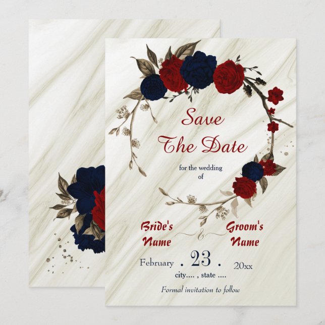 Save The Date fleurs rouges marine bronze feuille couronne fleur (Devant / Derrière)