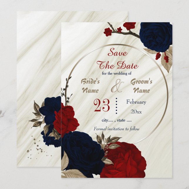Save The Date fleurs rouges marine bronze feuille géométrique (Devant / Derrière)