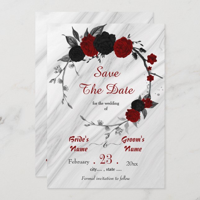 Save The Date fleurs rouges noires gris feuille couronne botaniq (Devant / Derrière)