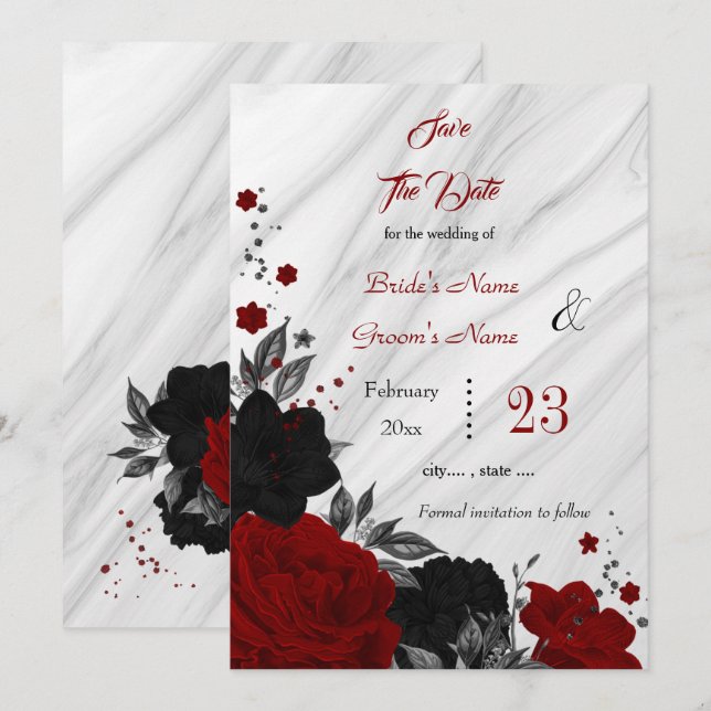 Save The Date fleurs rouges noires marbre feuille gris (Devant / Derrière)