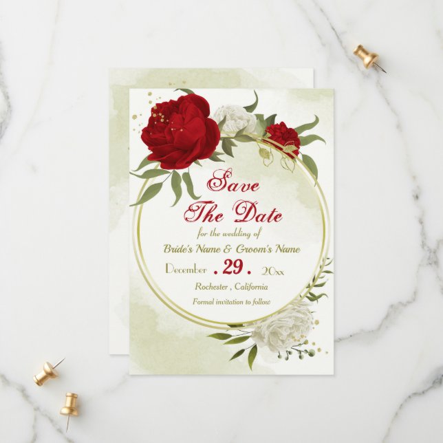 Save The Date fleurs rouges vert feuilles (Devant/Arrière en situation)