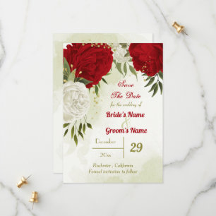 Save The Date fleurs rouges vert feuilles