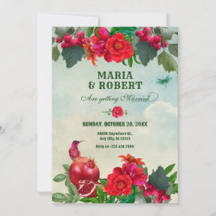 Save The Date Fleurs rouges vertes Oiseau Retro Mariage vintage