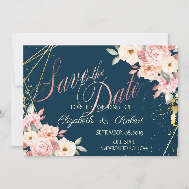 Save The Date Fleurs rustiques, Or, Bleu marine Enregistrer la d (Devant)