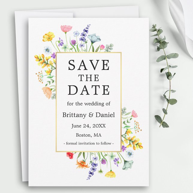Save The Date Fleurs sauvages à l'aquarelle Cadre doré (Customize to change text size, color, style or add more text to back of card.)
