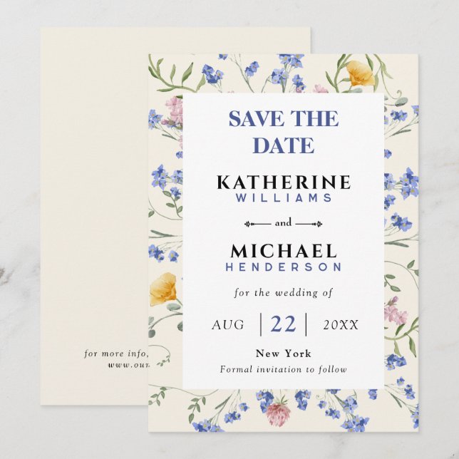 Save The Date Fleurs sauvages aquarelle prairie Mariage  (Devant / Derrière)