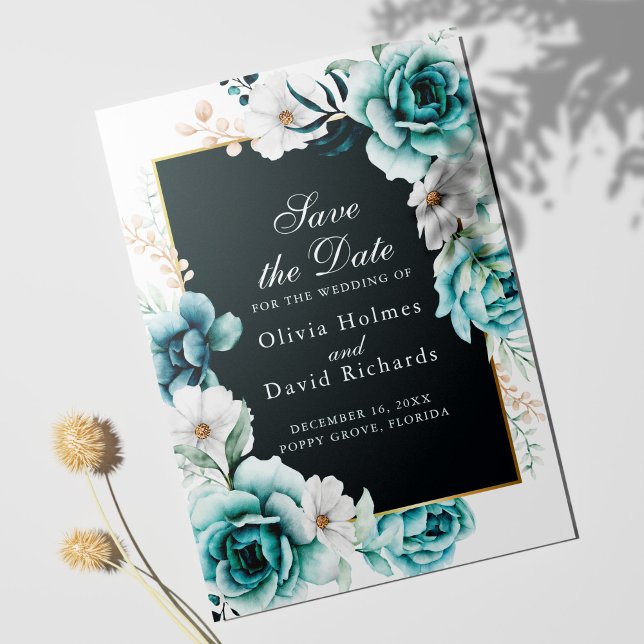 Save The Date Fleurs sauvages bleu turquoise et Dusty Enregistre (Teal and white floral Save the Date Card template on white background)