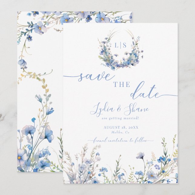 Save The Date Fleurs sauvages bleues modernes  (Devant / Derrière)