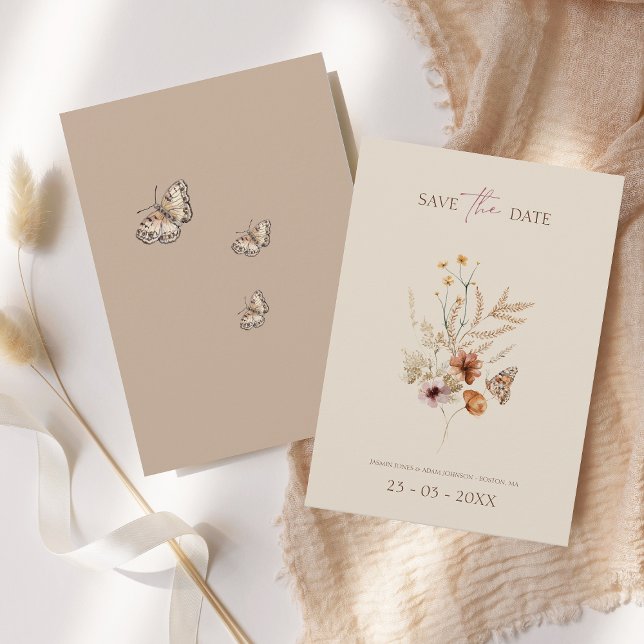 Save The Date Fleurs sauvages Brown rustiques et Mariage de papi (Rustic Brown Wildflowers and Butterflies Wedding Save The Date)