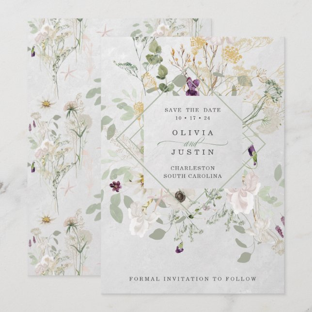 Save The Date Fleurs sauvages bruyants | Gris clair géométrique (Devant / Derrière)