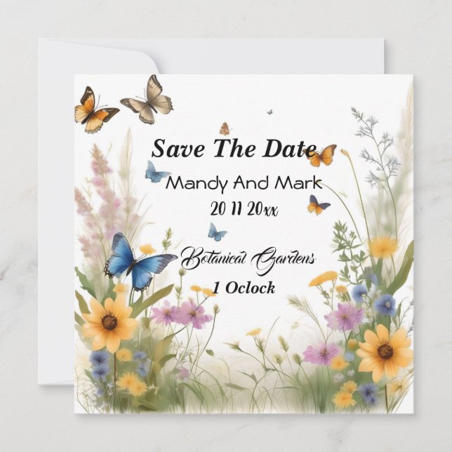 Save The Date Fleurs sauvages D'Aquarelle Et Papillons, (Devant)