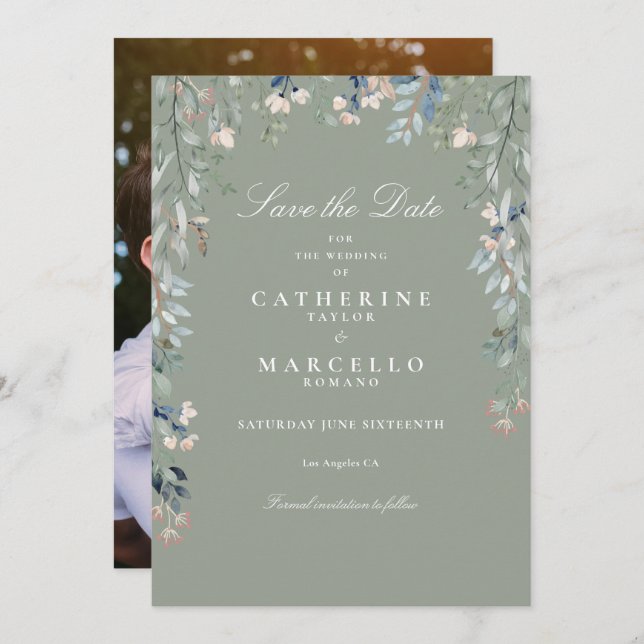 Save The Date Fleurs sauvages de Sage Green Mariage de photos fl (Devant / Derrière)