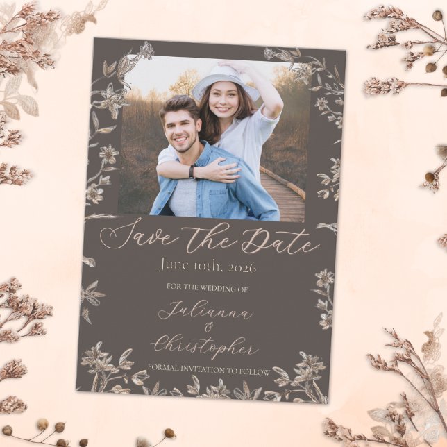 Save The Date Fleurs sauvages élégantes rustiques Mocha Script P (Créateur téléchargé)