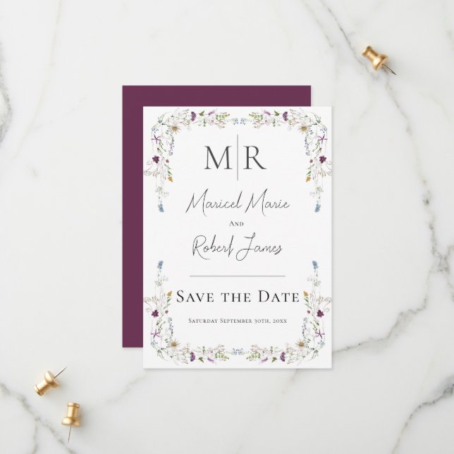 Save The Date Fleurs Sauvages Modernes Monogramme Mariage Bordea (Devant/Arrière en situation)