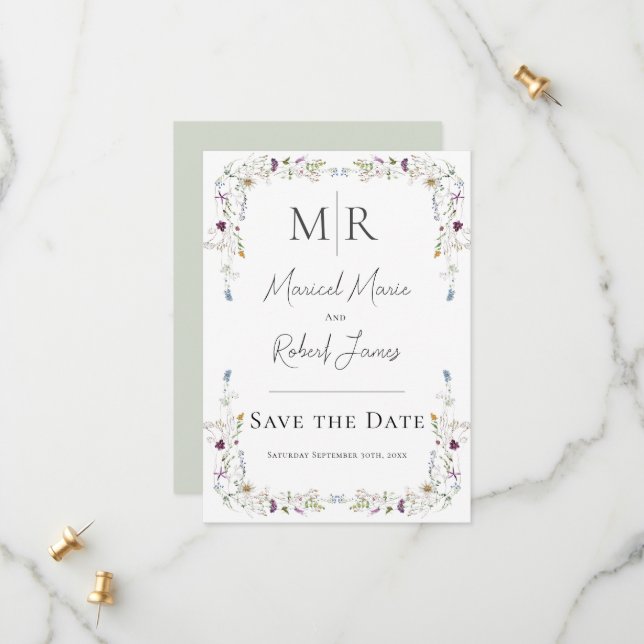 Save The Date Fleurs Sauvages Modernes Monogramme Vert Mariage (Devant/Arrière en situation)