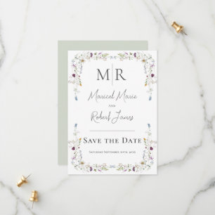 Save The Date Fleurs Sauvages Modernes Monogramme Vert Mariage