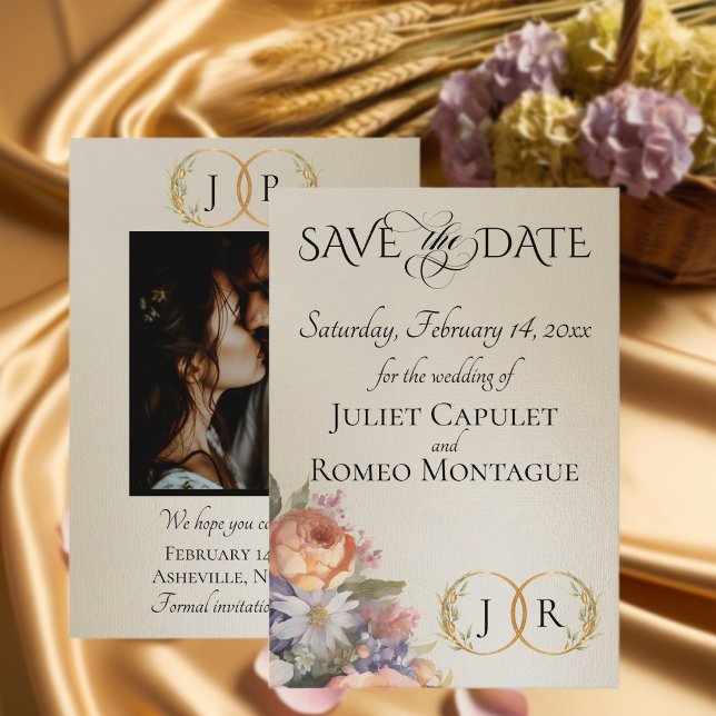 Save The Date Fleurs sauvages, monogramme photo et feuille - Blé (Créateur téléchargé)
