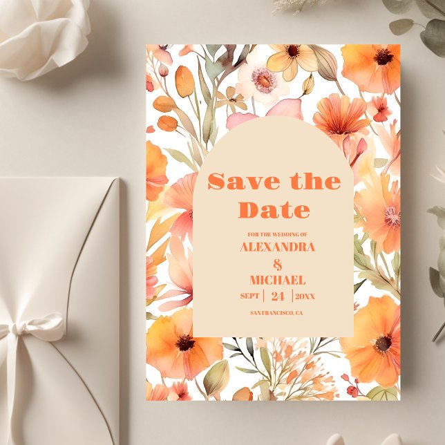 Save The Date Fleurs sauvages orange rose aquarelle mariage (Créateur téléchargé)