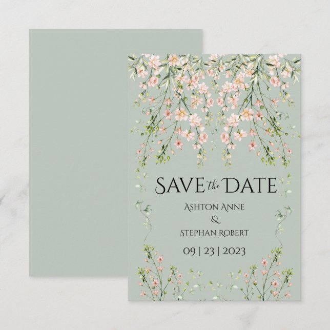 Save The Date Fleurs sauvages rose blush Vert sauge Mariage (Devant / Derrière)